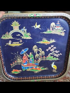 Vintage DAHER Oriental Scenic Metal Tray in Deep Navy with Multicolor Accents.